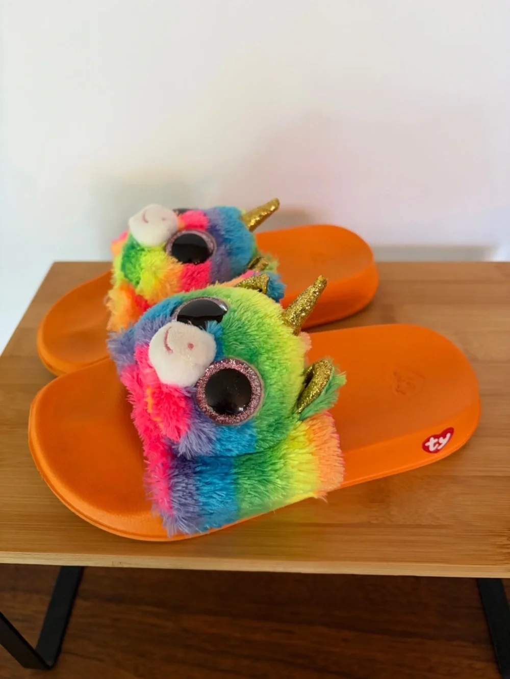 Ty Gemma Kids Toddler Girl Sz 11-13 Rainbow Unicorn Plush Slide Sandals Orange
